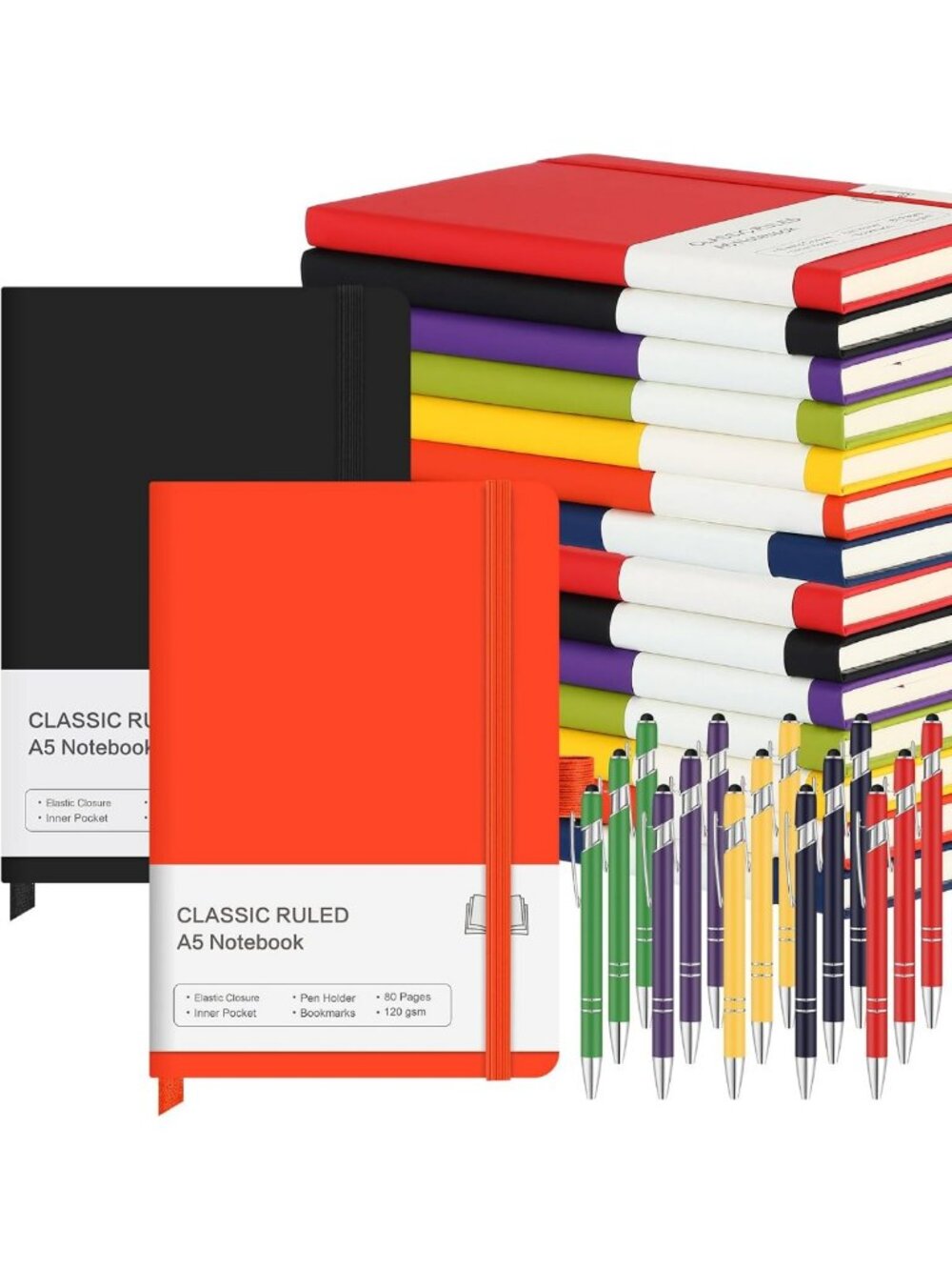 15 Pack A5 Hardcover Journals with Pen Holder & 15 Pens - Classic Notebooks for